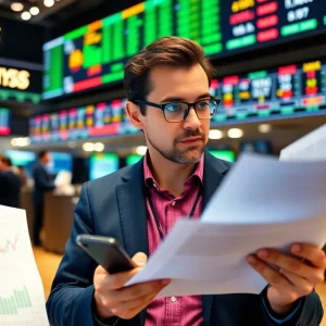 Analyst reviewing financial reports with trading floor background