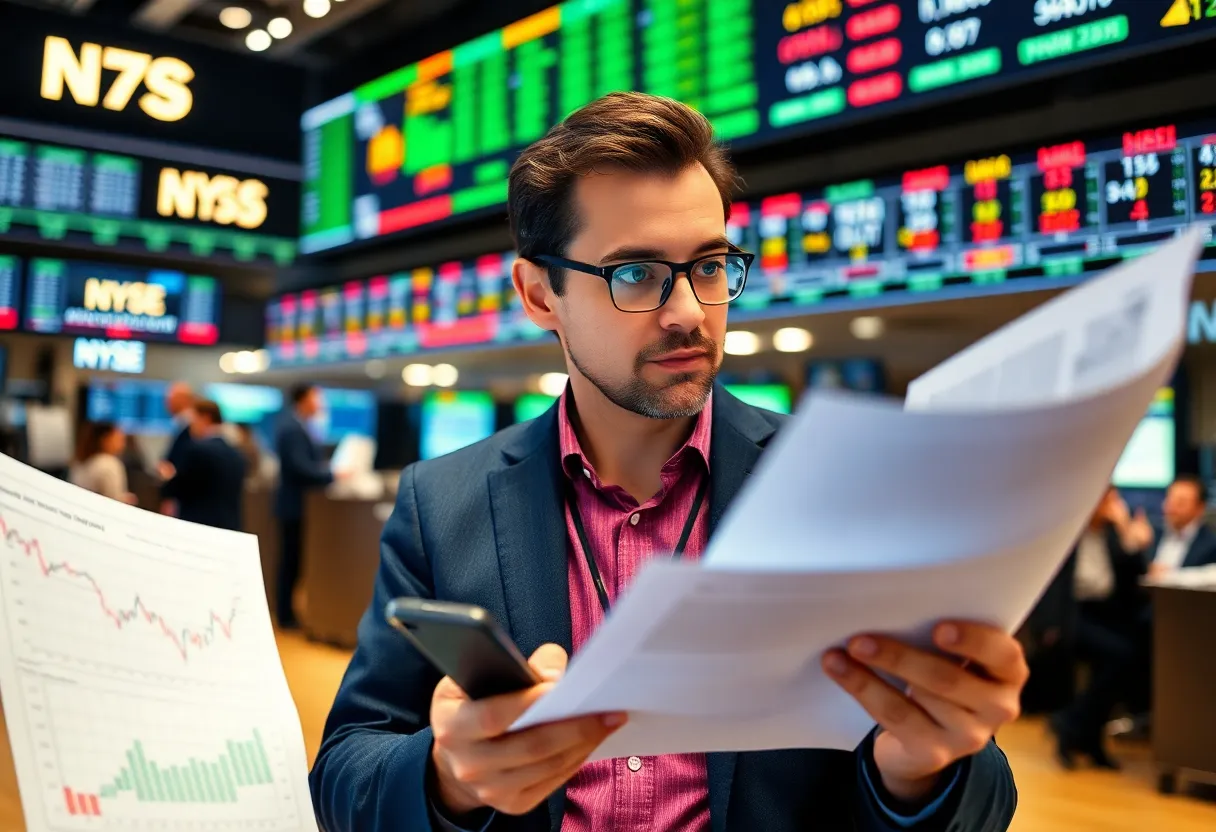 Analyst reviewing financial reports with trading floor background