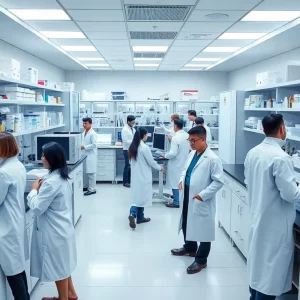 Scientists working in a Boston biomedical research laboratory