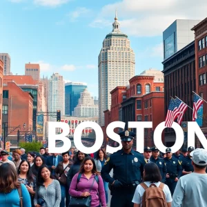 Boston city skyline with law enforcement presence