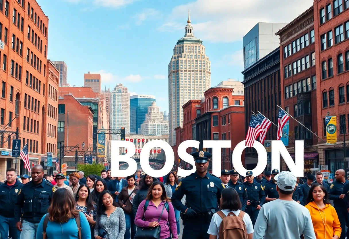 Boston city skyline with law enforcement presence