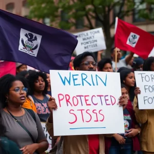 Community members rallying in Boston holding signs supporting Temporary Protected Status for Haitians.