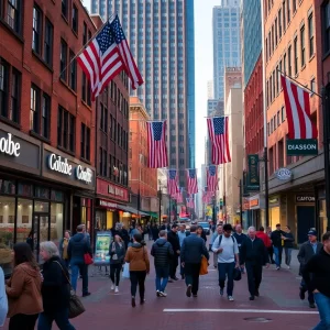 A view of Downtown Crossing in Boston with pedestrians and storefronts, illustrating the community atmosphere amidst rising crime rates.