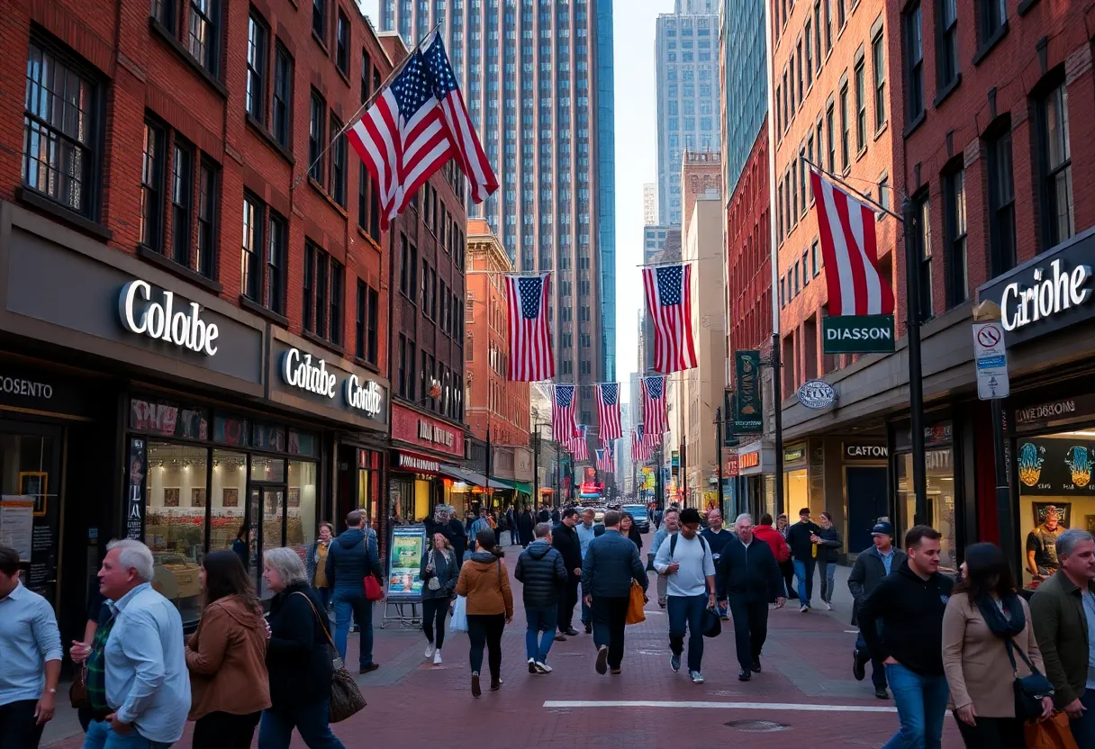 A view of Downtown Crossing in Boston with pedestrians and storefronts, illustrating the community atmosphere amidst rising crime rates.