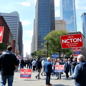Campaign scene in Boston showcasing diverse citizens and campaign signage.