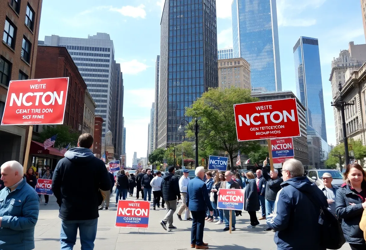 Campaign scene in Boston showcasing diverse citizens and campaign signage.