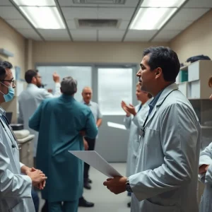 Medics and paperwork in disarray, symbolizing healthcare corruption