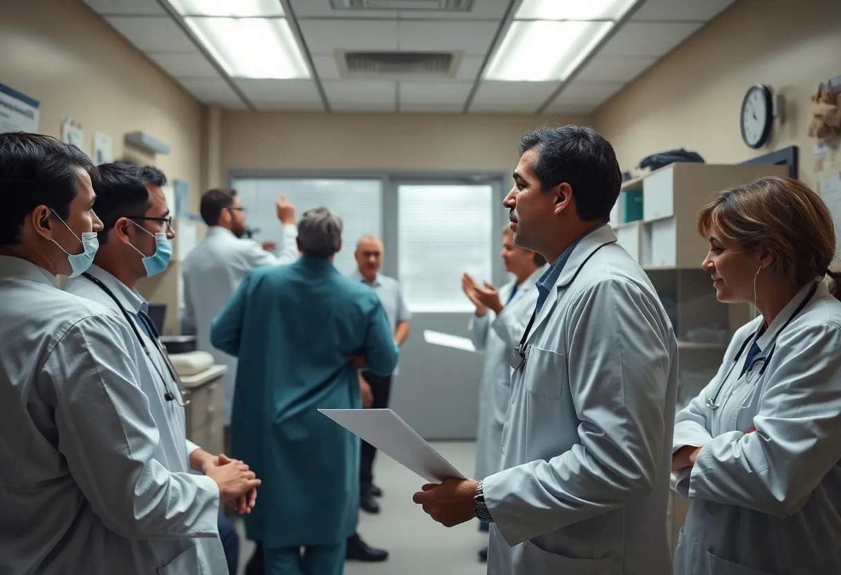 Medics and paperwork in disarray, symbolizing healthcare corruption