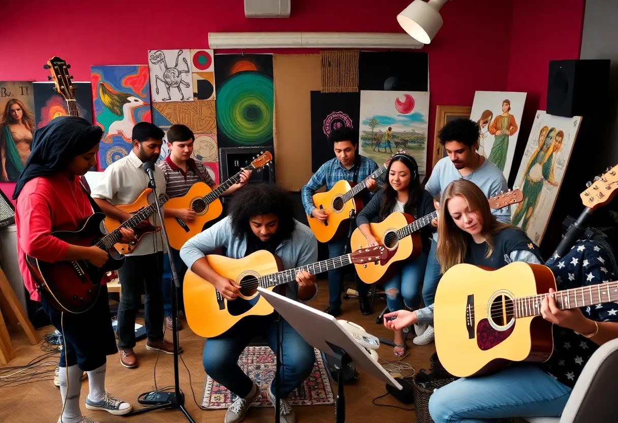 Aspiring musicians and artists collaborating in Boston