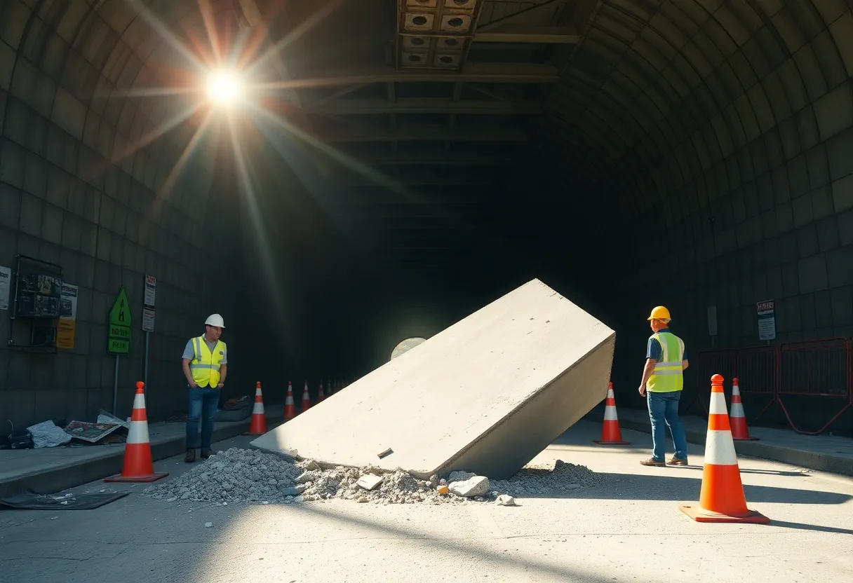 Fallen concrete in Boston Prudential Tunnel