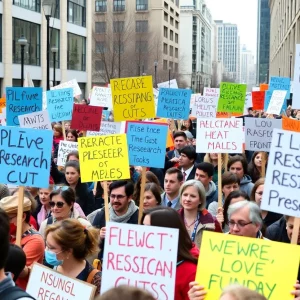 Protesters at a Boston rally against research funding cuts