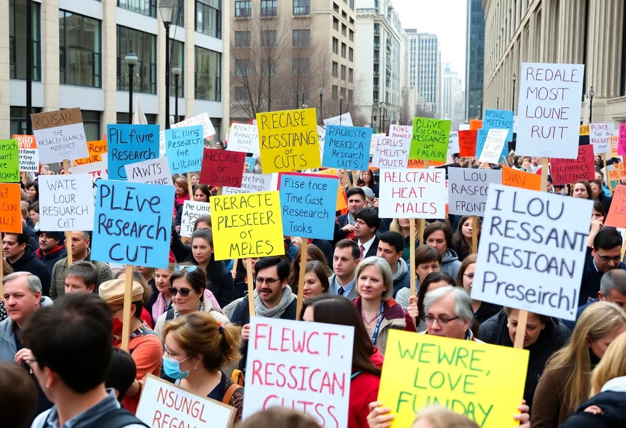 Protesters at a Boston rally against research funding cuts