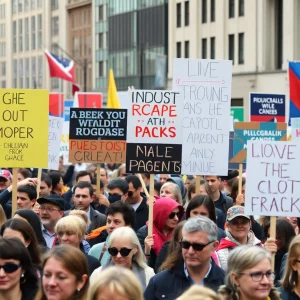 Diverse crowd at a protest rally in Boston holding signs.