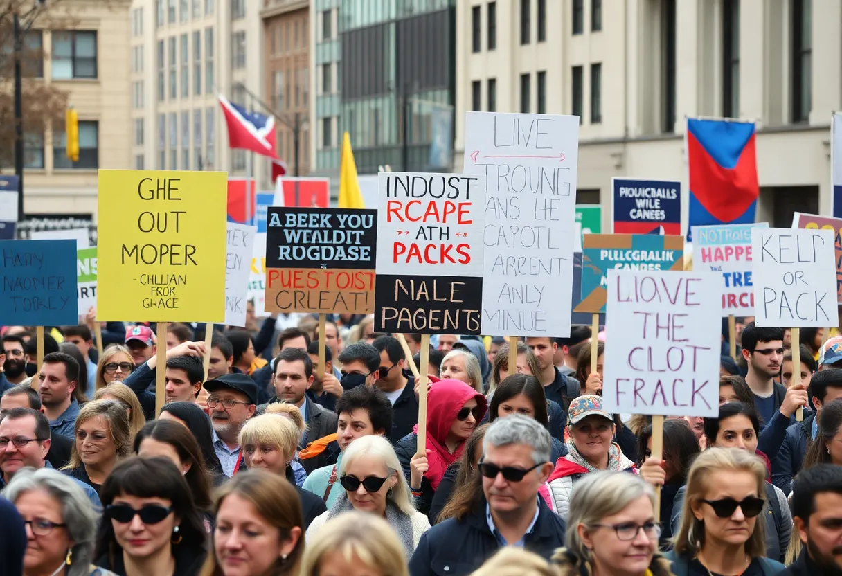 Diverse crowd at a protest rally in Boston holding signs.