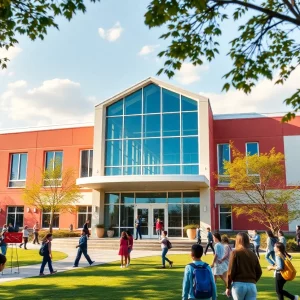 A modern school building with students