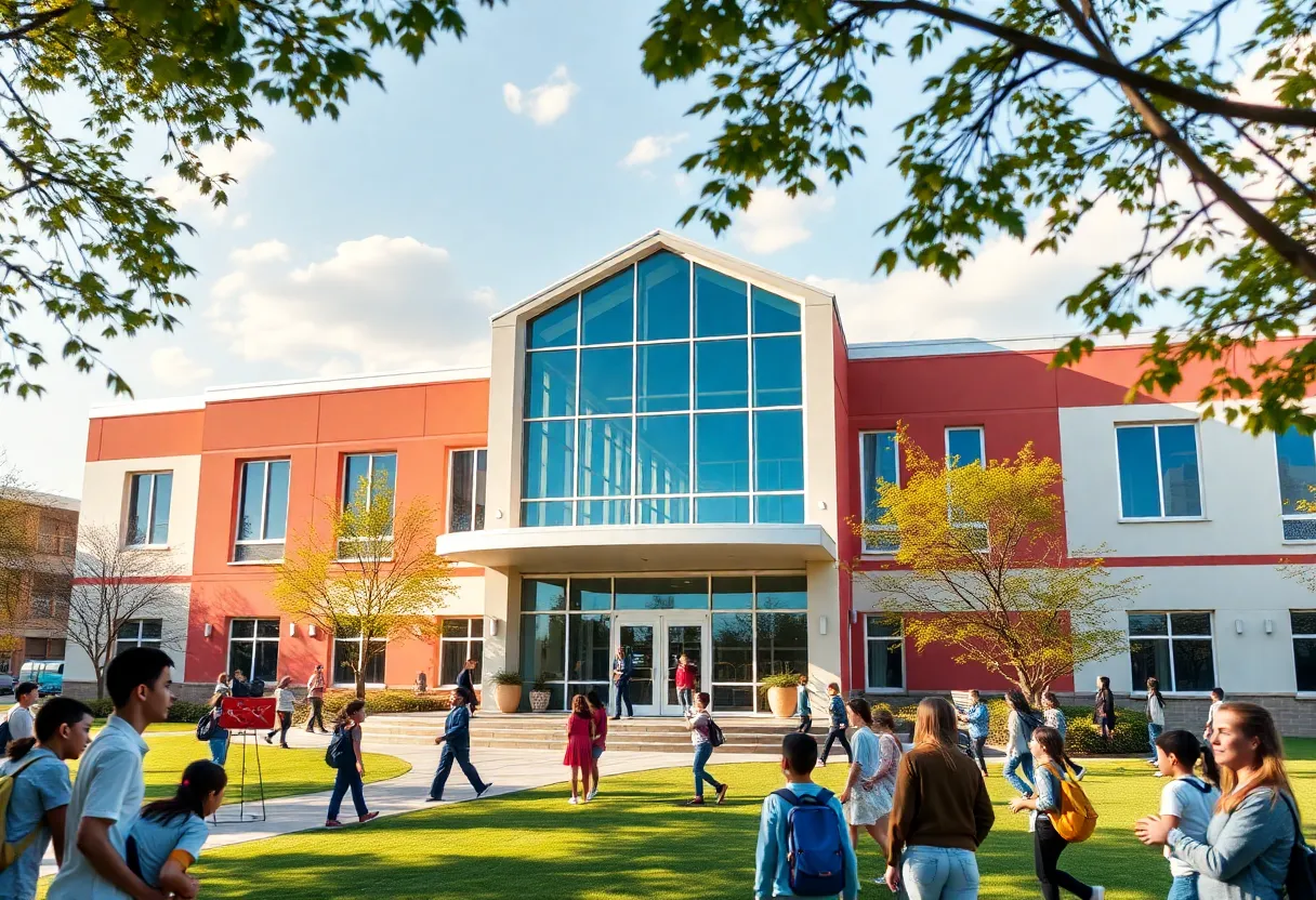 A modern school building with students