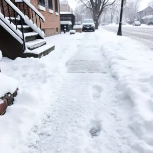 Snow-covered sidewalk in Boston with footprints