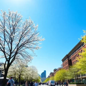 People in Boston enjoying a sunny day outdoors during warm-up week