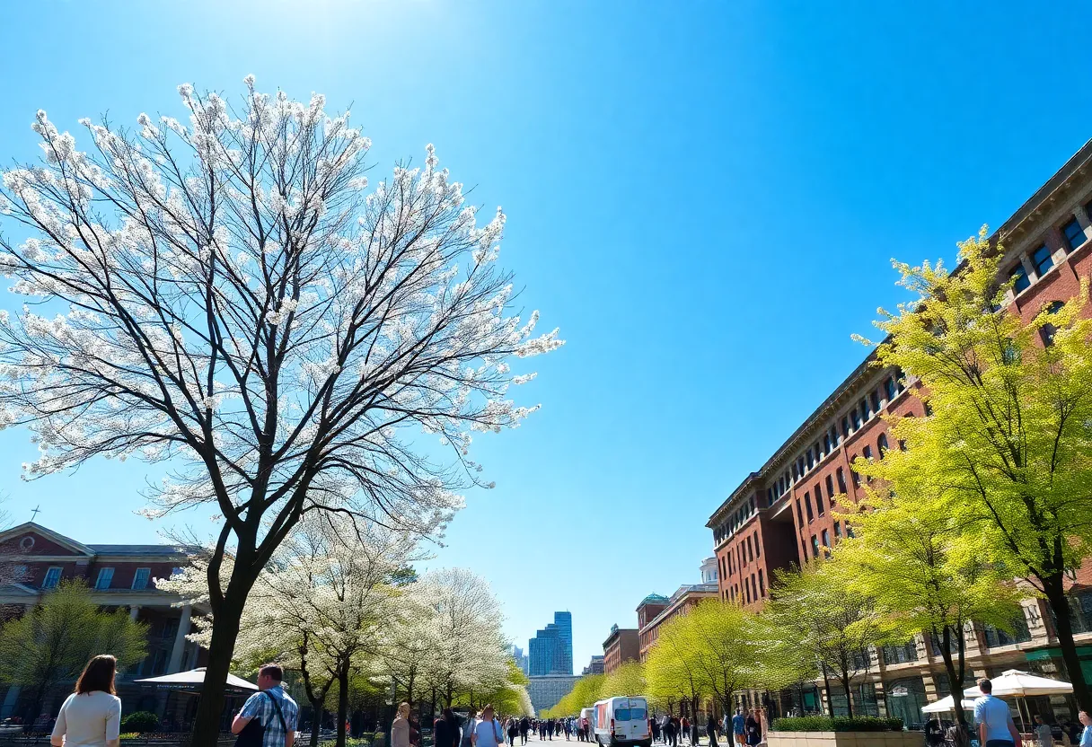 People in Boston enjoying a sunny day outdoors during warm-up week