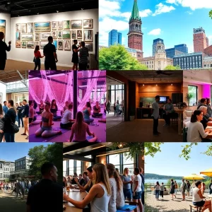 Collage of various weekend events in Boston including yoga, art, and comedy.