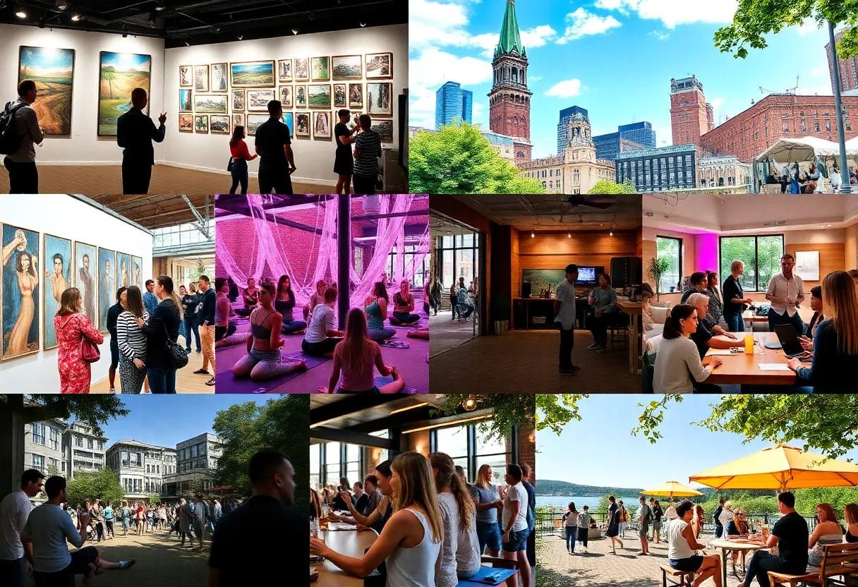 Collage of various weekend events in Boston including yoga, art, and comedy.