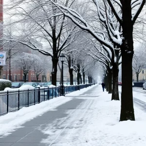 A snowy sidewalk in Boston with trees and a safety banner.