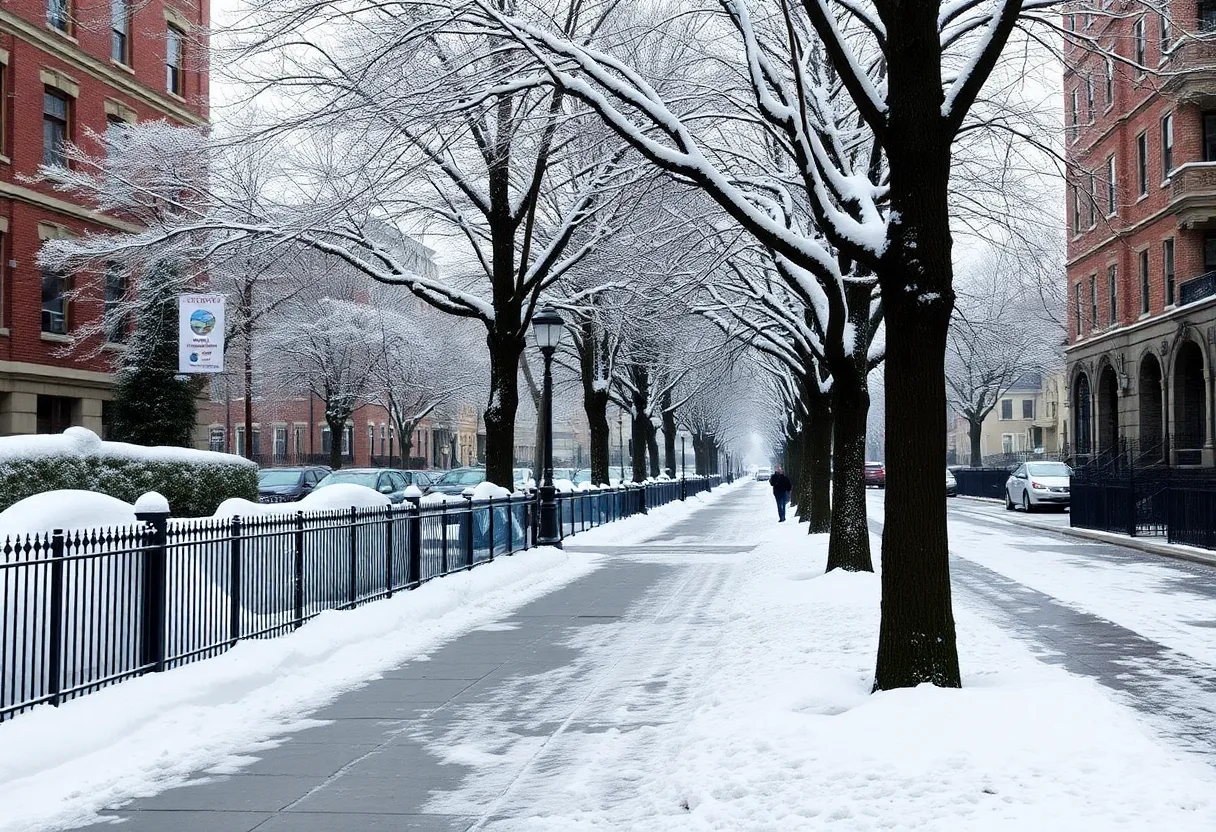 A snowy sidewalk in Boston with trees and a safety banner.