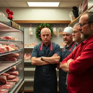 Butchers examining empty shelves in their shop