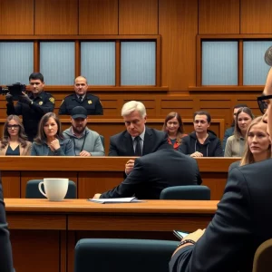 Courtroom scene from a bank robbery trial