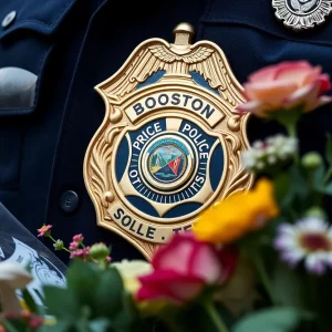 Tribute to Detective Mark G. Walsh with police badge and flowers