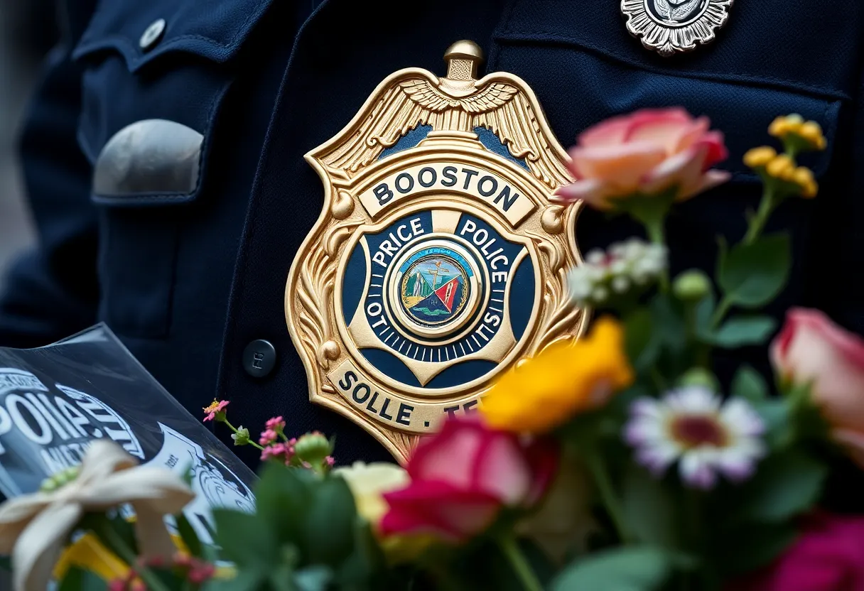 Tribute to Detective Mark G. Walsh with police badge and flowers