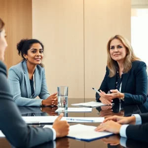 Group of professional women and men in a corporate boardroom meeting