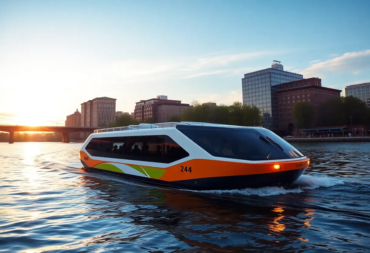 Electric water shuttle sailing on the Charles River between Watertown and Boston.