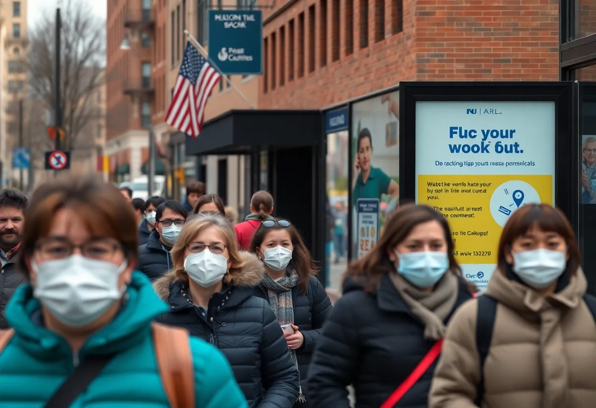 People in Boston during flu season with healthcare notice board.