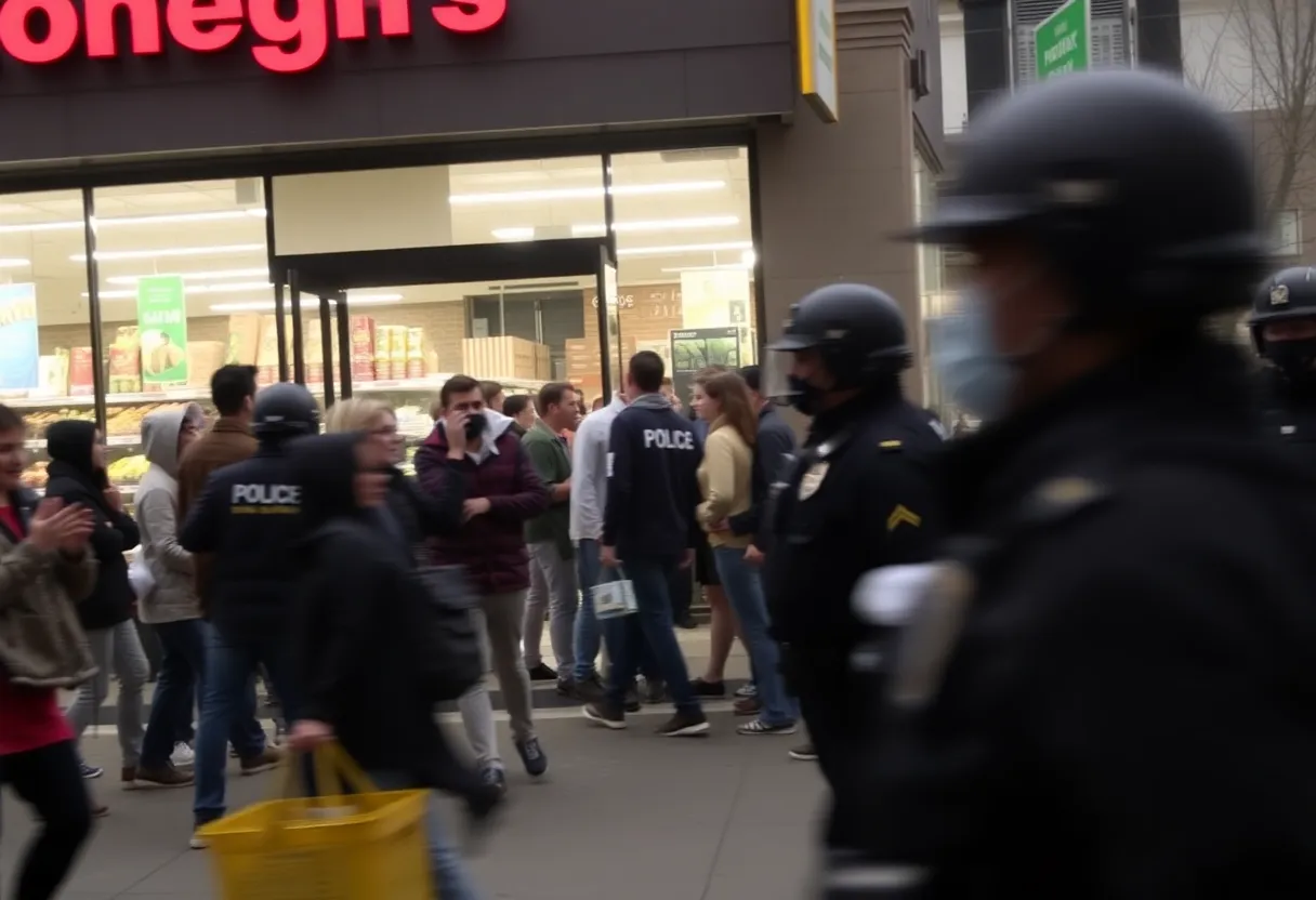 Chaos outside grocery store with police and bystanders