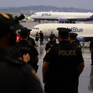 Airport scene with police and JetBlue airplane amid an arrest situation