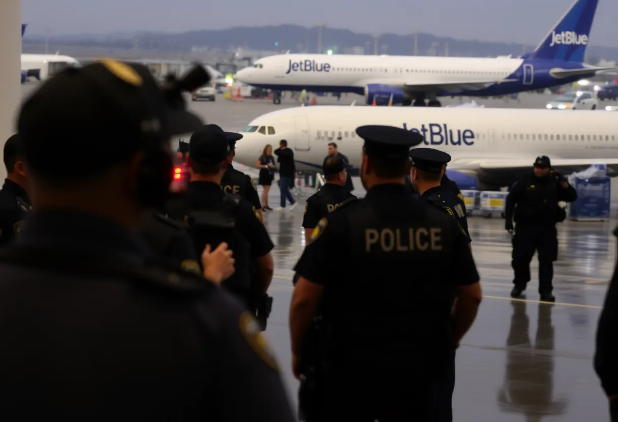 Airport scene with police and JetBlue airplane amid an arrest situation