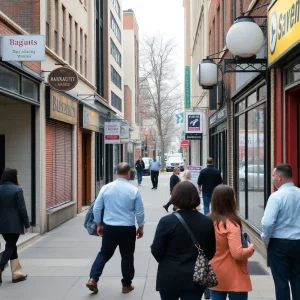 Street view of Massachusetts with storefronts having bankruptcy signs.
