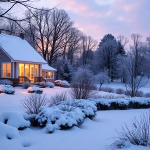 Winter scene showing a Massachusetts home with glowing windows