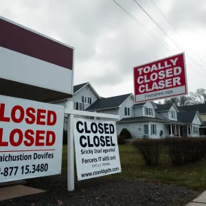 Closed real estate office with a sign.