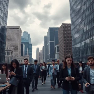 A depiction of the impact of tech layoffs in Massachusetts with empty offices and worried professionals.