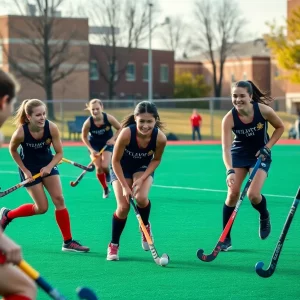 Women playing field hockey at UMass Boston