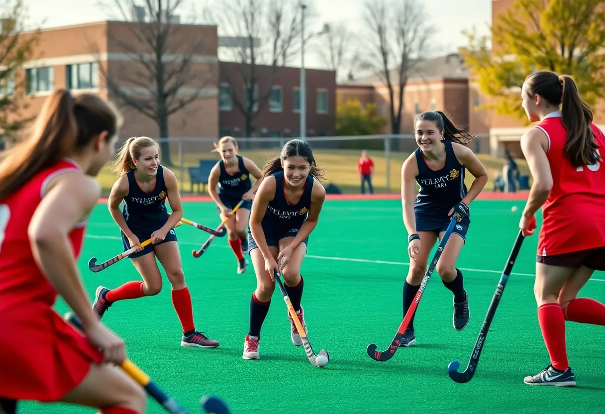 Women playing field hockey at UMass Boston
