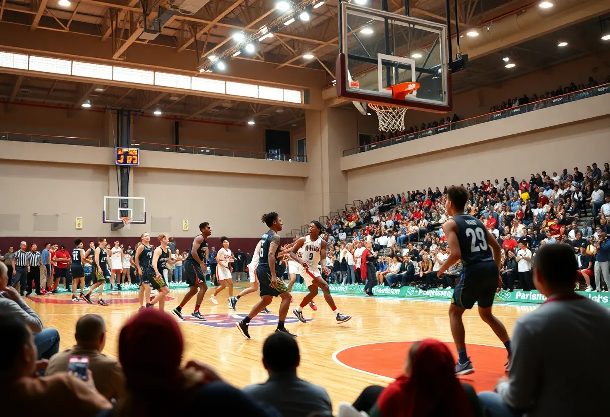Basketball action between UNH and UMass Boston with players competing on the court.