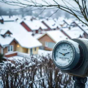 Neighborhood houses in winter, highlighting gas meter