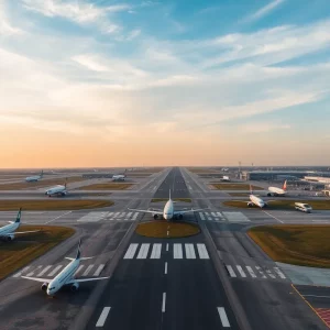 Aerial view of an airport showing multiple planes and active runways.
