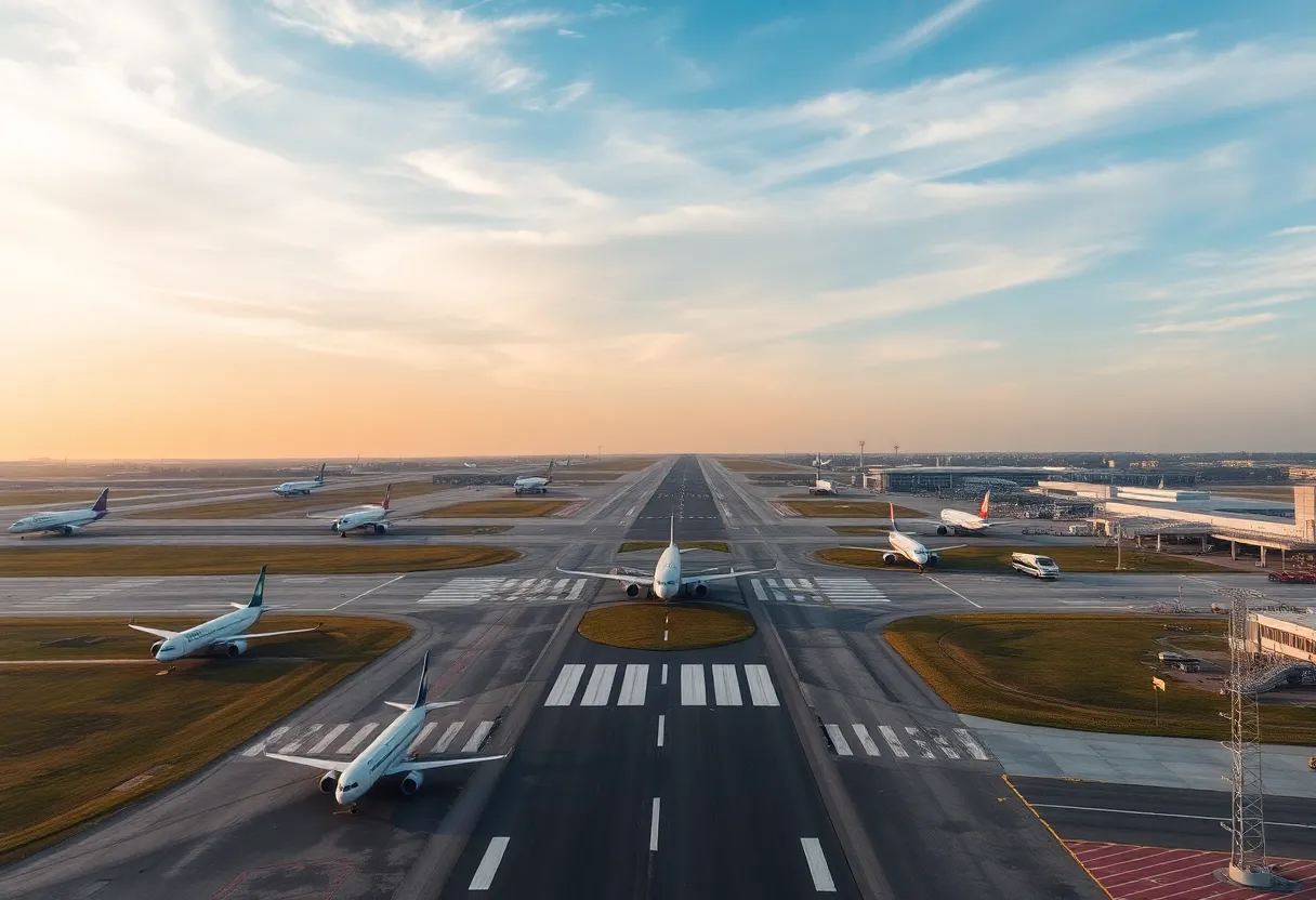 Aerial view of an airport showing multiple planes and active runways.