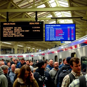 Travelers at New Haven train station looking at delay notices
