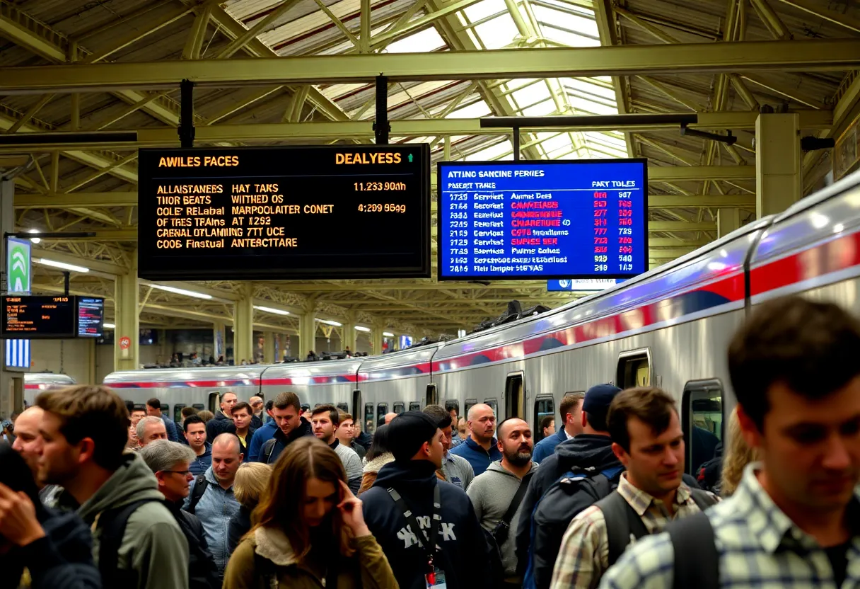 Travelers at New Haven train station looking at delay notices
