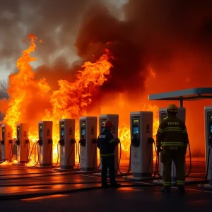 Firefighters battling flames at Tesla charging stations